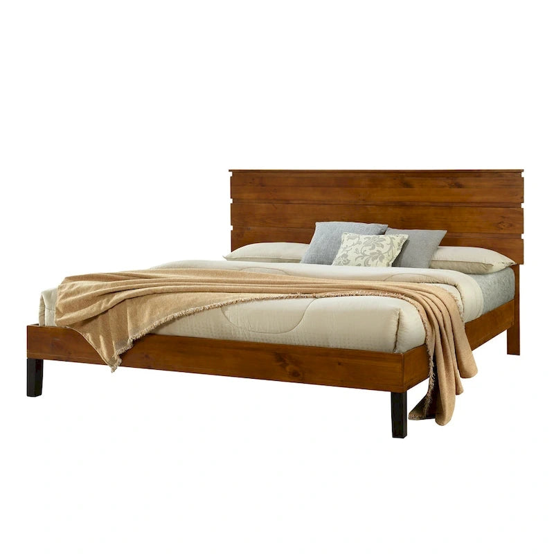 Mid-Century Modern Solid Wood Bed Frame Full Size Platform Bed with Three-Piece Headboard Design, No Box Spring Needed, Brown