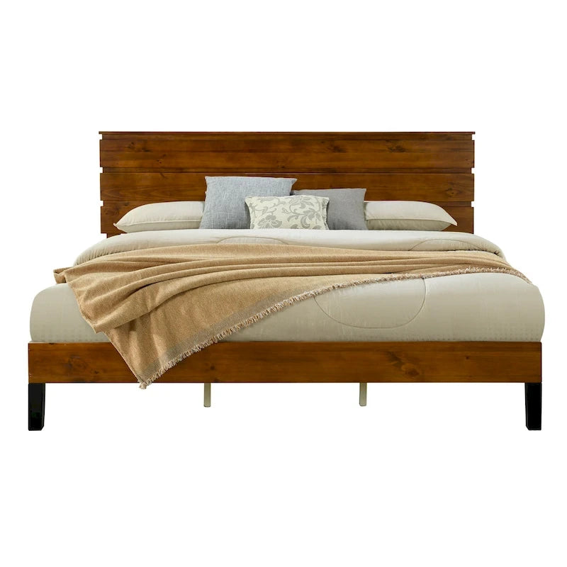 Mid-Century Modern Solid Wood Bed Frame Full Size Platform Bed with Three-Piece Headboard Design, No Box Spring Needed, Brown