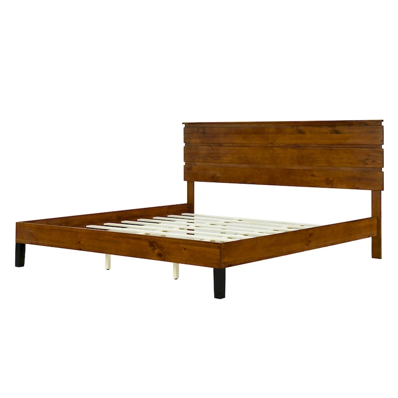 Mid-Century Modern Solid Wood Bed Frame Full Size Platform Bed with Three-Piece Headboard Design, No Box Spring Needed, Brown