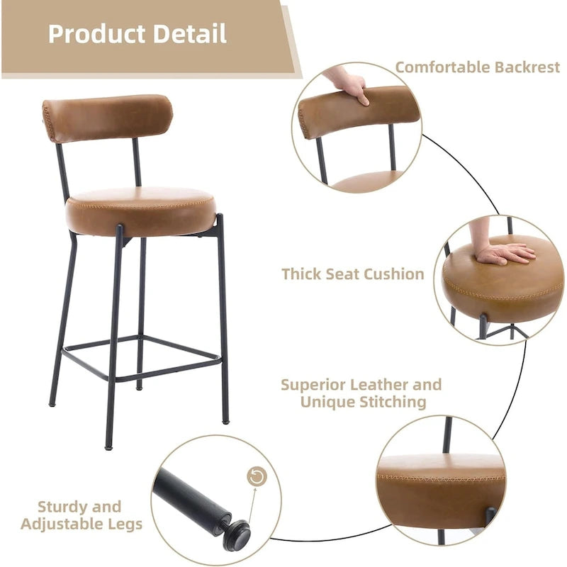 27 tabourets de bar modernes (lot de 2), tabourets de bar en cuir avec dossier, repose-pieds et pieds en métal