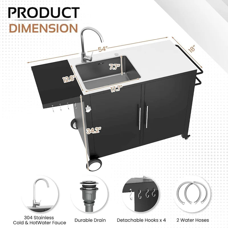 Évier de cuisine extérieur AECOJOY avec raccord de tuyau, table de préparation de barbecue en acier inoxydable, îlot d'armoires de cuisine
