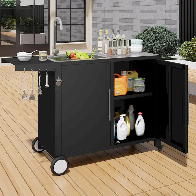 Évier de cuisine extérieur AECOJOY avec raccord de tuyau, table de préparation de barbecue en acier inoxydable, îlot d'armoires de cuisine