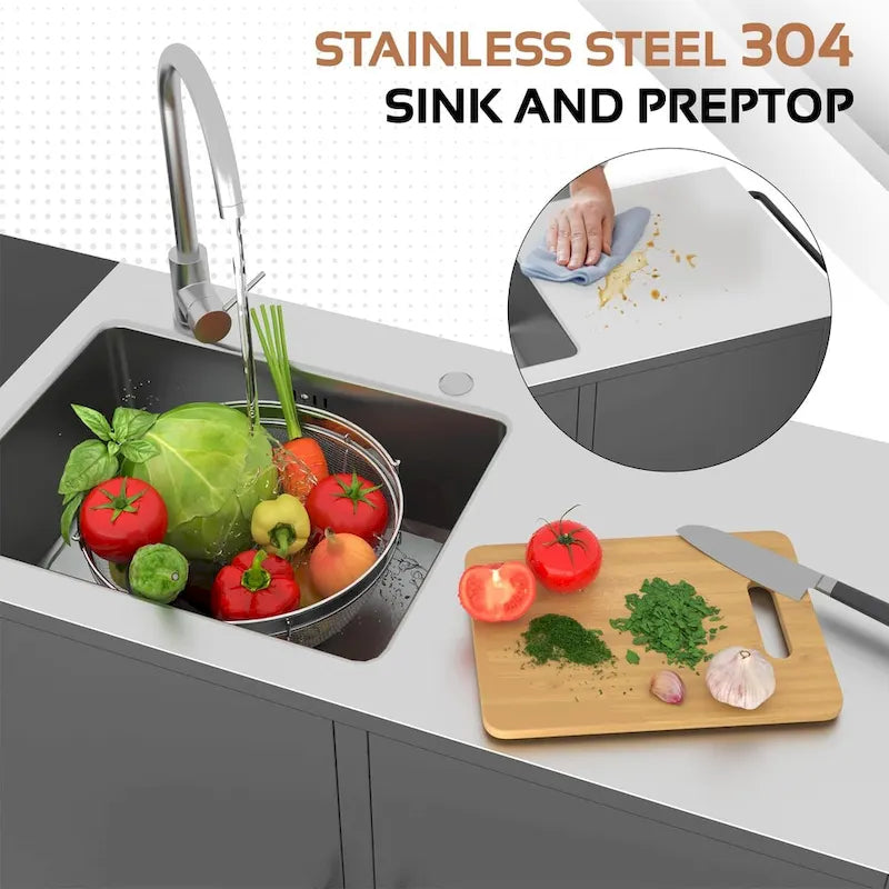 AECOJOY Outdoor Kitchen Sink with Hose Hook up, Stainless Steel Grill Prep Table Kitchen Cabinets Island