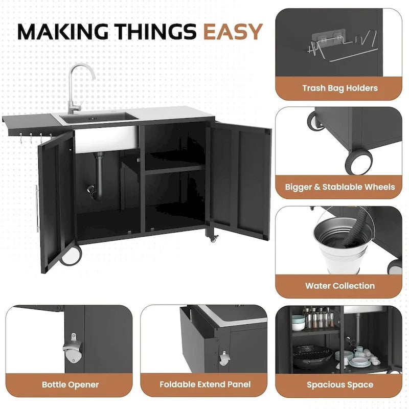 Évier de cuisine extérieur AECOJOY avec raccord de tuyau, table de préparation de barbecue en acier inoxydable, îlot d'armoires de cuisine