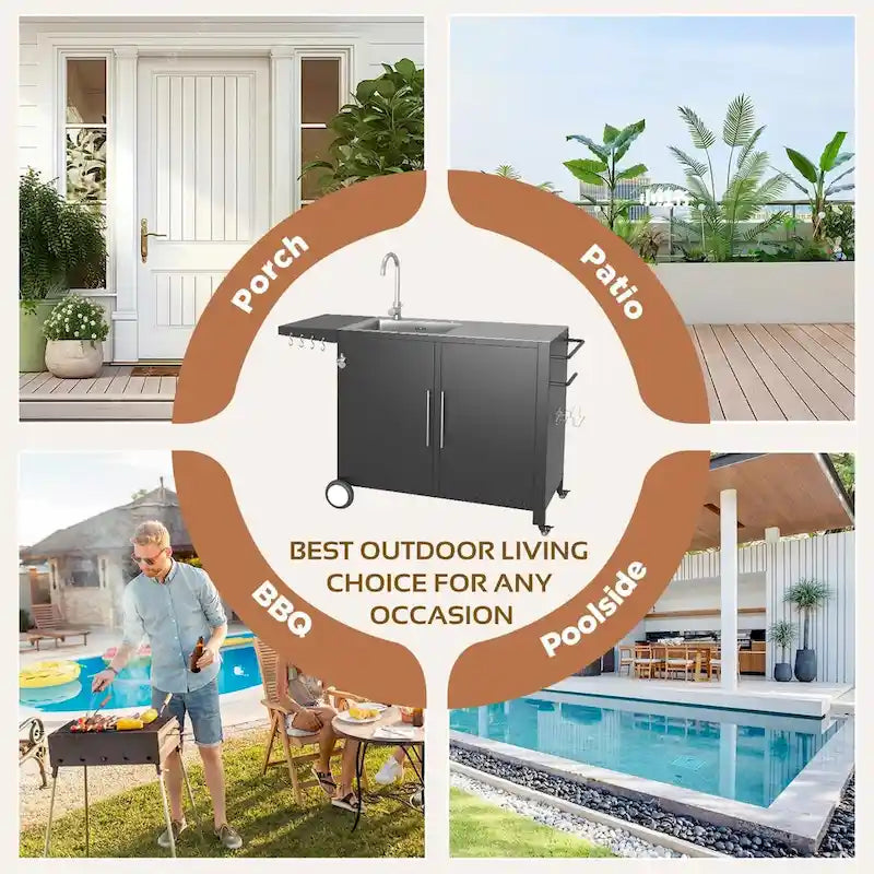 Évier de cuisine extérieur AECOJOY avec raccord de tuyau, table de préparation de barbecue en acier inoxydable, îlot d'armoires de cuisine