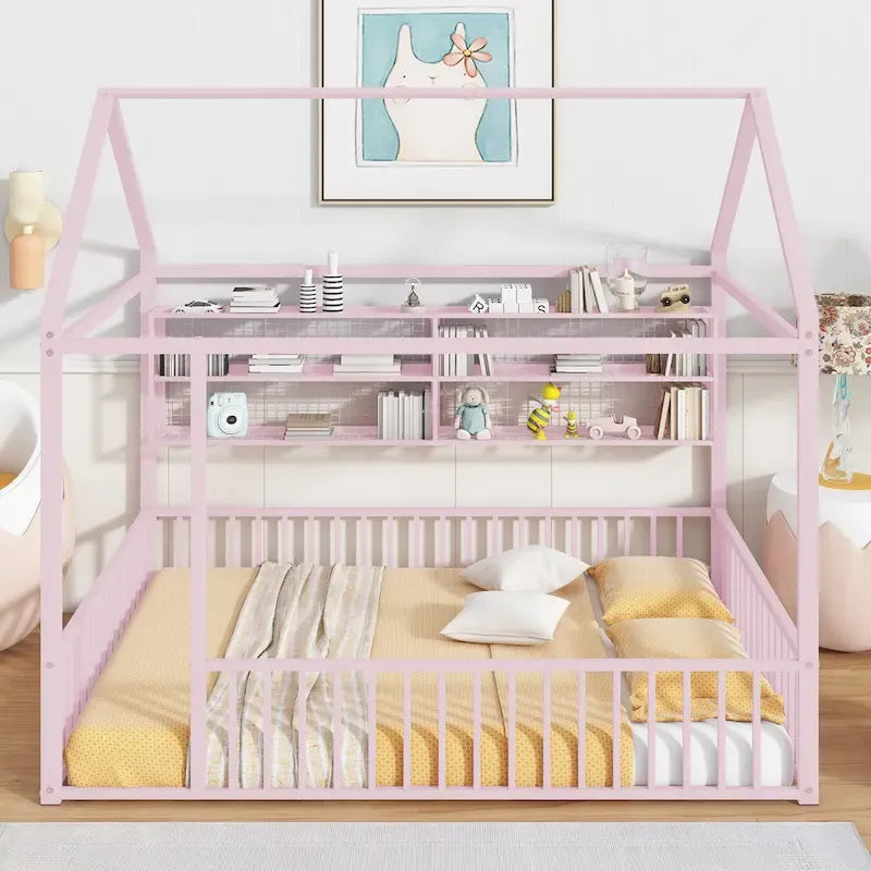 Lit Cabane en Métal Montessori Pleine Taille avec Barrière