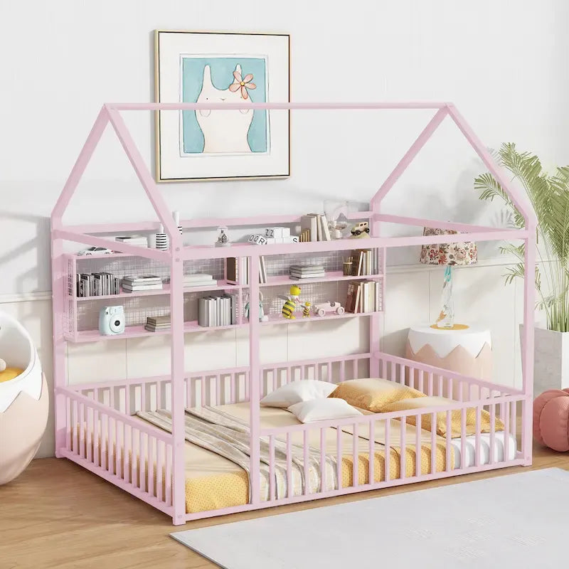 Lit Cabane en Métal Montessori Pleine Taille avec Barrière