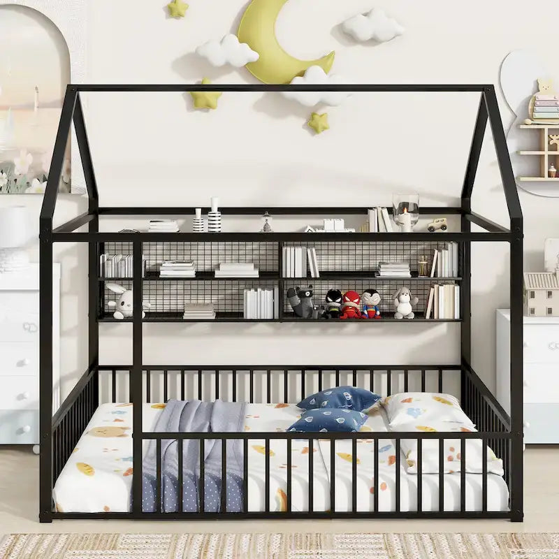 Lit Cabane en Métal Montessori Pleine Taille avec Barrière