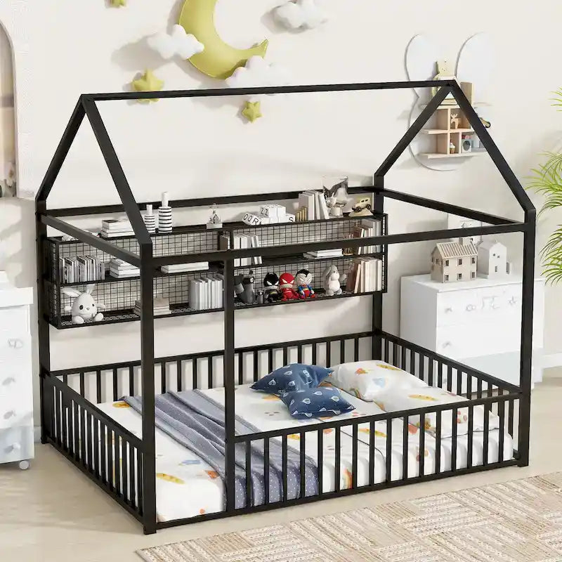 Lit Cabane en Métal Montessori Pleine Taille avec Barrière