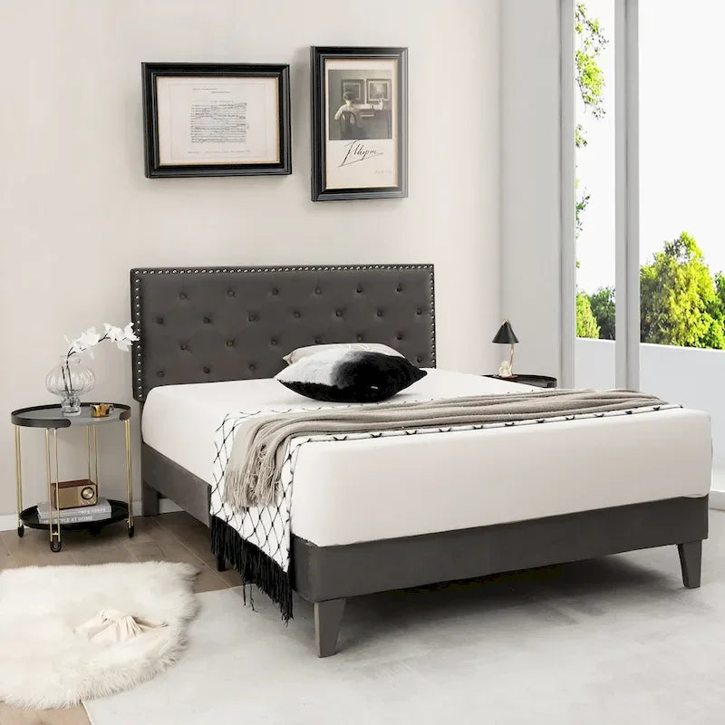Costway Bed Frame Upholstered Platform Bed with Tufted Headboard