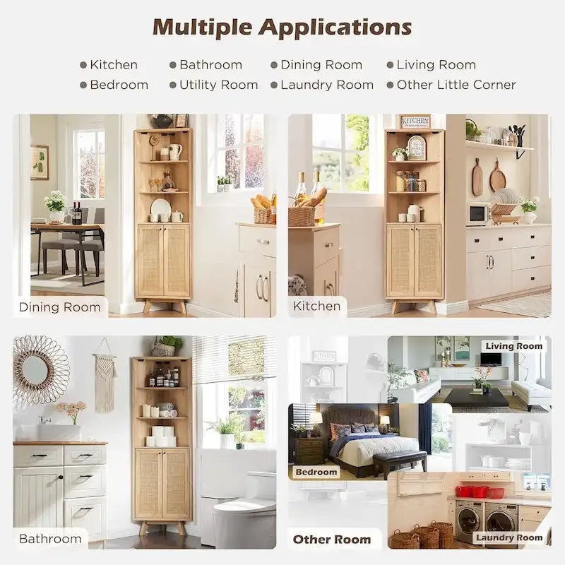 Natural Rattan Corner Cabinet, Modern Corner Bathroom Storage Cabinet