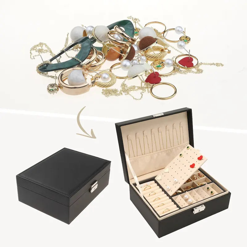 2 Layer Jewelry Box for Girl Women Birthday Gifts, PU Leather Jewelry Organizer Case Storage with Drawer, Removable Jewelry Tray