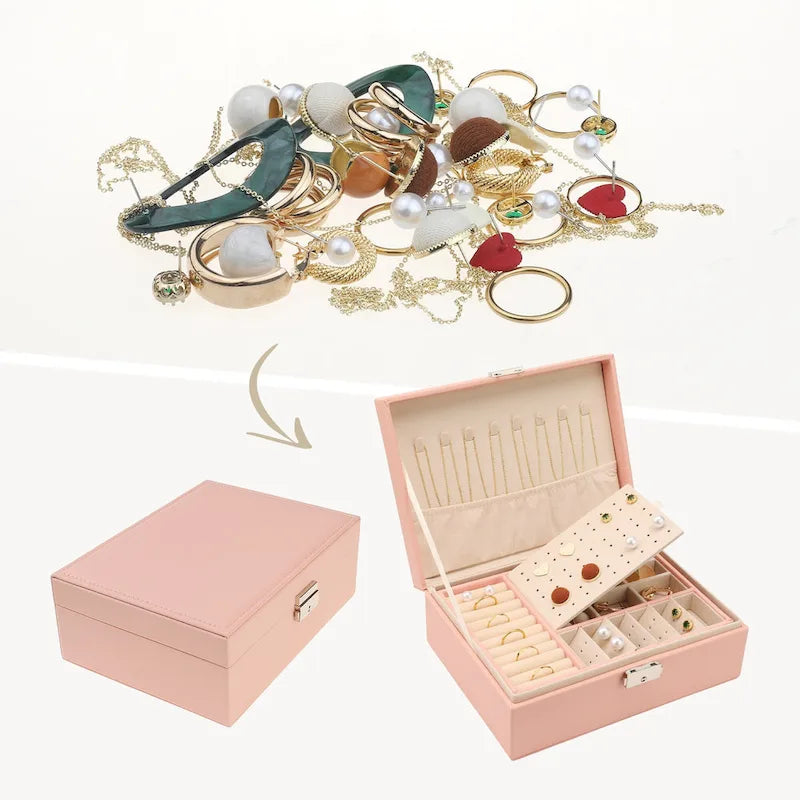 2 Layer Jewelry Box for Girl Women Birthday Gifts, PU Leather Jewelry Organizer Case Storage with Drawer, Removable Jewelry Tray