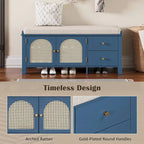 Storage Bench with Cushion,2 Drawers and Rattan Doors for Entryway
