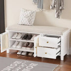 Storage Bench with Cushion,2 Drawers and Rattan Doors for Entryway