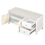 Storage Bench with Cushion,2 Drawers and Rattan Doors for Entryway