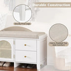 Storage Bench with Cushion,2 Drawers and Rattan Doors for Entryway