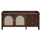 Storage Bench with Cushion,2 Drawers and Rattan Doors for Entryway