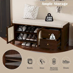 Storage Bench with Cushion,2 Drawers and Rattan Doors for Entryway