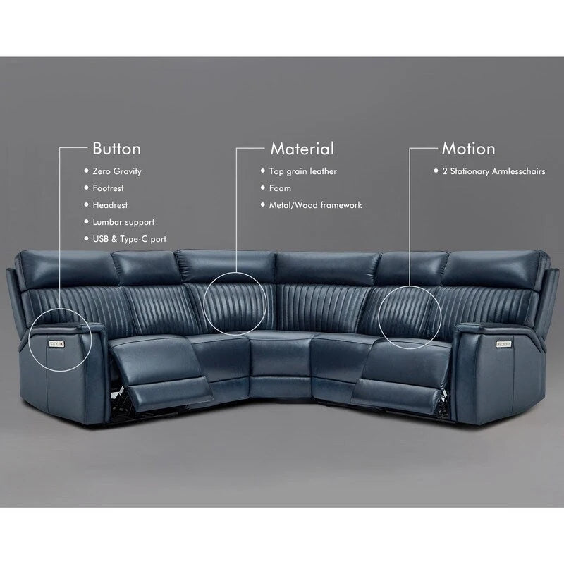 105 W Genuine Leather Power Reclining Sectional and Recliner Sofa Set with USB&USB-C Port, 2 Stationary Armlesschairs