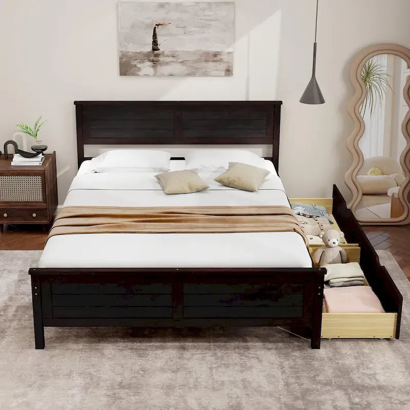 Gymax Full Size Wooden Bed Frame with 2 Storage Drawers & Under-bed