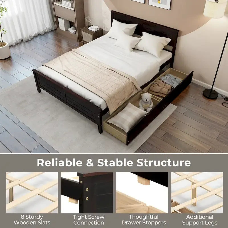 Gymax Full Size Wooden Bed Frame with 2 Storage Drawers & Under-bed