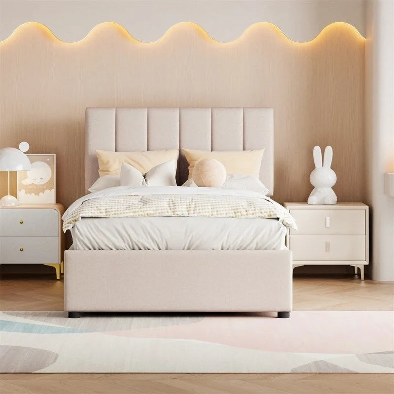 Twin Size Lift Up Storage Bed with Headboard and Underneath Storage, Upholstered Platform Bed with Hydraulic Storage System
