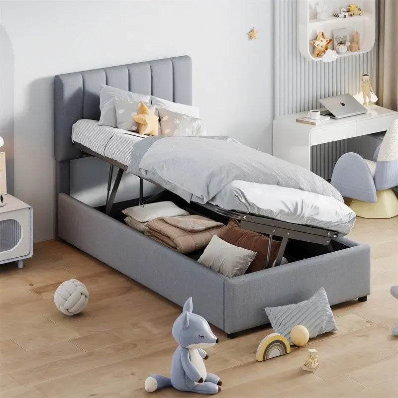 Twin Size Lift Up Storage Bed with Headboard and Underneath Storage, Upholstered Platform Bed with Hydraulic Storage System