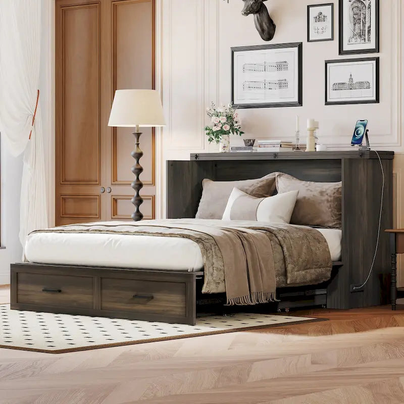Wooden Foldable Murphy Cabinet Bed Platform Bed Bottom Large Storage Drawer Side with Outlets and USB Ports