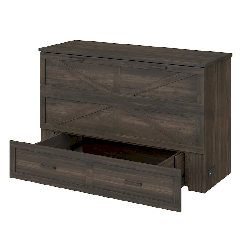 Wooden Foldable Murphy Cabinet Bed Platform Bed Bottom Large Storage Drawer Side with Outlets and USB Ports