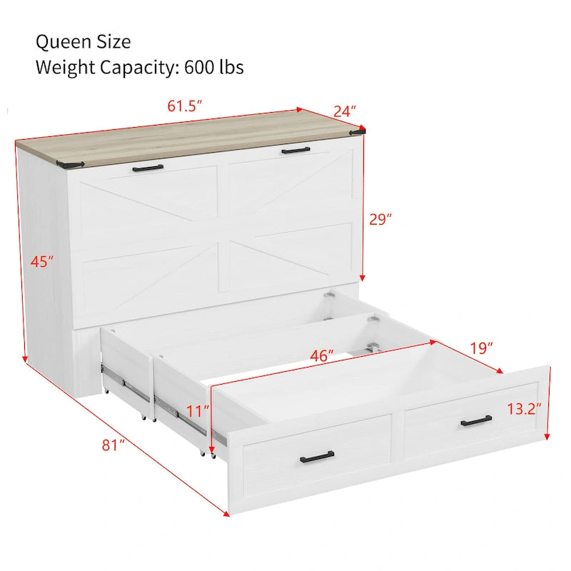 Wooden Foldable Murphy Cabinet Bed Platform Bed Bottom Large Storage Drawer Side with Outlets and USB Ports