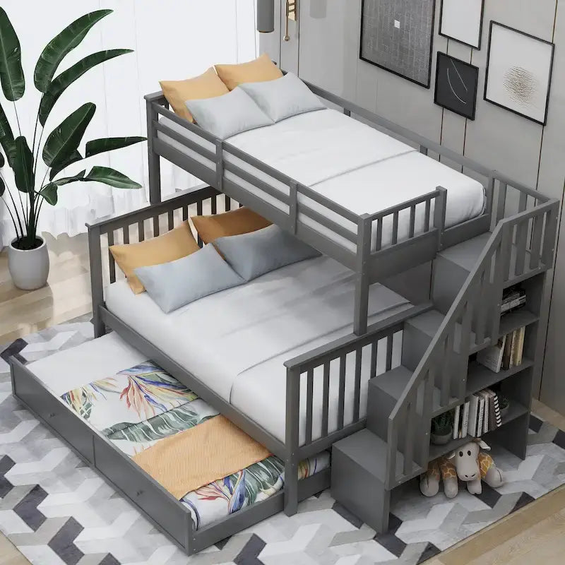 Twin-Over-Full Bunk Bed with Twin size Trundle, Storage and Guard Rail for Bedroom, Dorm, for Adults, White