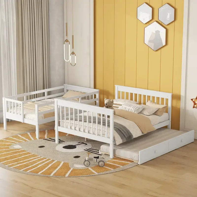 Twin-Over-Full Bunk Bed with Twin size Trundle, Storage and Guard Rail for Bedroom, Dorm, for Adults, White