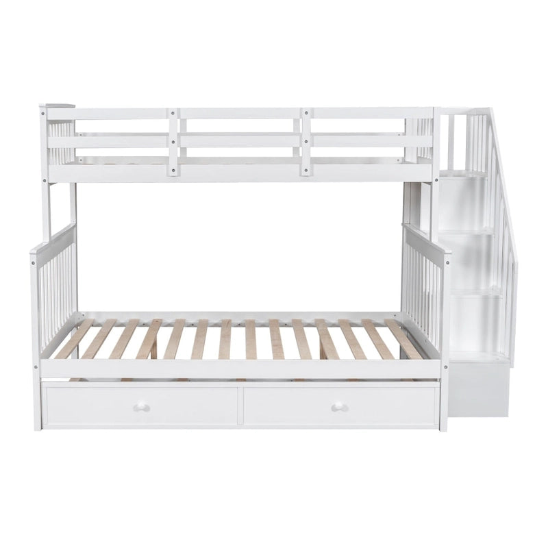 Twin-Over-Full Bunk Bed with Twin size Trundle, Storage and Guard Rail for Bedroom, Dorm, for Adults, White