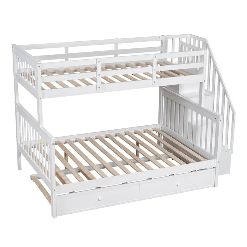 Twin-Over-Full Bunk Bed with Twin size Trundle, Storage and Guard Rail for Bedroom, Dorm, for Adults, White