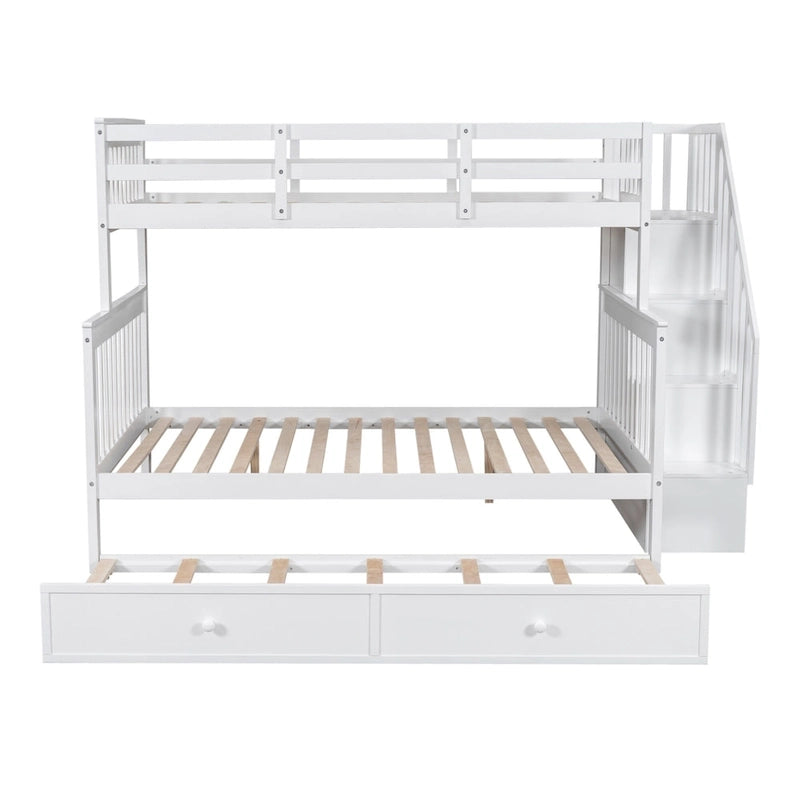 Twin-Over-Full Bunk Bed with Twin size Trundle, Storage and Guard Rail for Bedroom, Dorm, for Adults, White