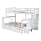 Twin-Over-Full Bunk Bed with Twin size Trundle, Storage and Guard Rail for Bedroom, Dorm, for Adults, White