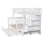 Twin-Over-Full Bunk Bed with Twin size Trundle, Storage and Guard Rail for Bedroom, Dorm, for Adults, White