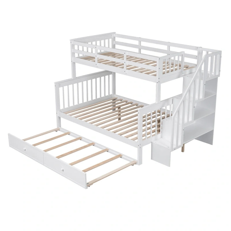 Twin-Over-Full Bunk Bed with Twin size Trundle, Storage and Guard Rail for Bedroom, Dorm, for Adults, White