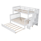 Twin-Over-Full Bunk Bed with Twin size Trundle, Storage and Guard Rail for Bedroom, Dorm, for Adults, White