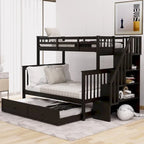 Twin-Over-Full Bunk Bed with Twin size Trundle, Storage and Guard Rail for Bedroom, Dorm, for Adults, White