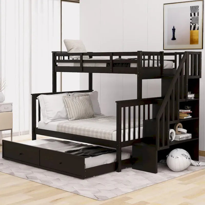 Twin-Over-Full Bunk Bed with Twin size Trundle, Storage and Guard Rail for Bedroom, Dorm, for Adults, White