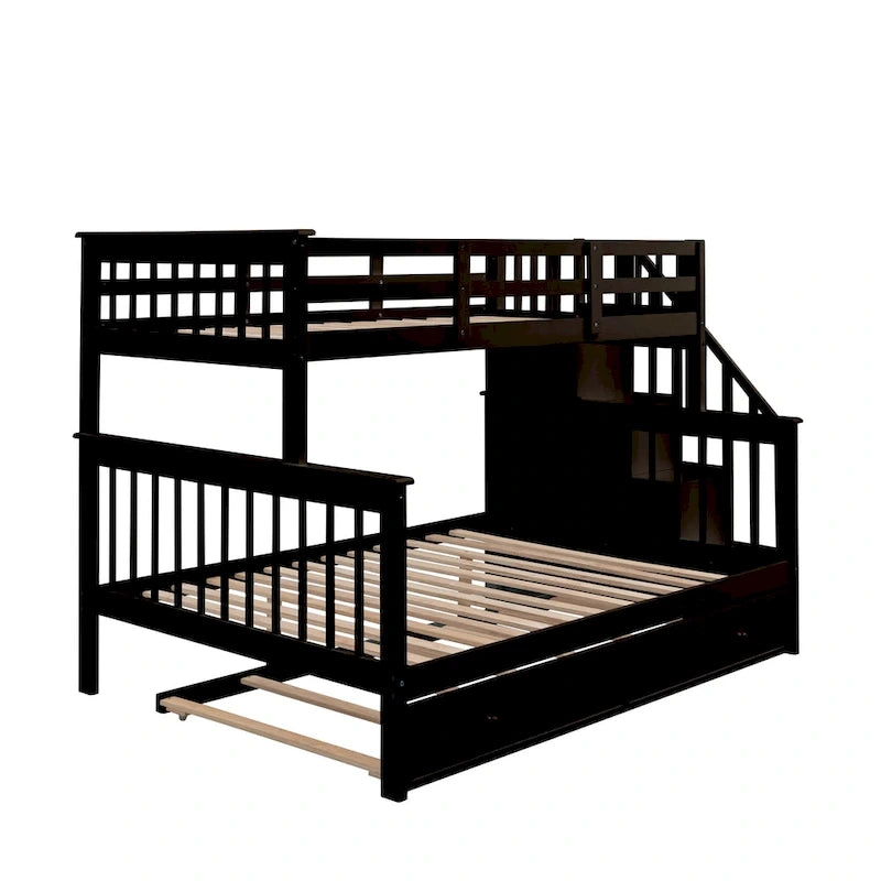 Twin-Over-Full Bunk Bed with Twin size Trundle, Storage and Guard Rail for Bedroom, Dorm, for Adults, White