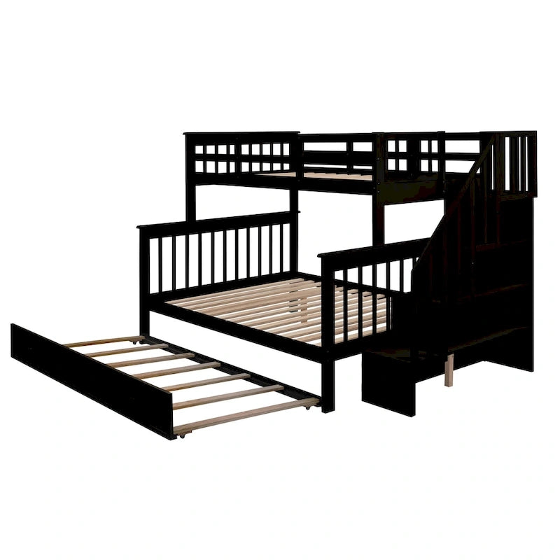 Twin-Over-Full Bunk Bed with Twin size Trundle, Storage and Guard Rail for Bedroom, Dorm, for Adults, White