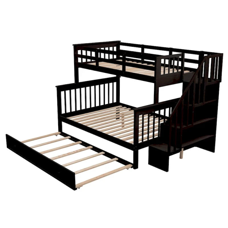 Twin-Over-Full Bunk Bed with Twin size Trundle, Storage and Guard Rail for Bedroom, Dorm, for Adults, White
