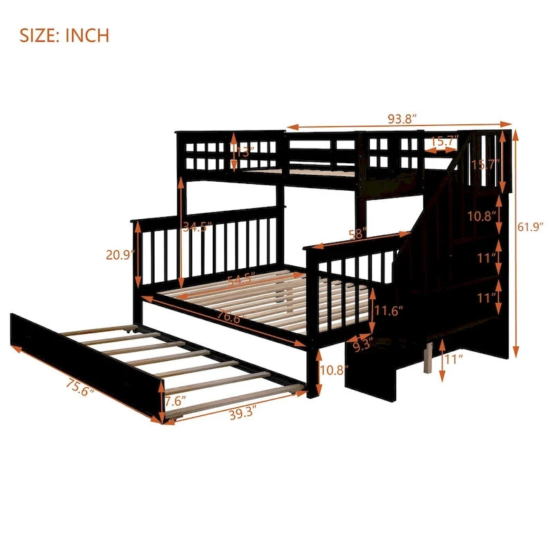 Twin-Over-Full Bunk Bed with Twin size Trundle, Storage and Guard Rail for Bedroom, Dorm, for Adults, White