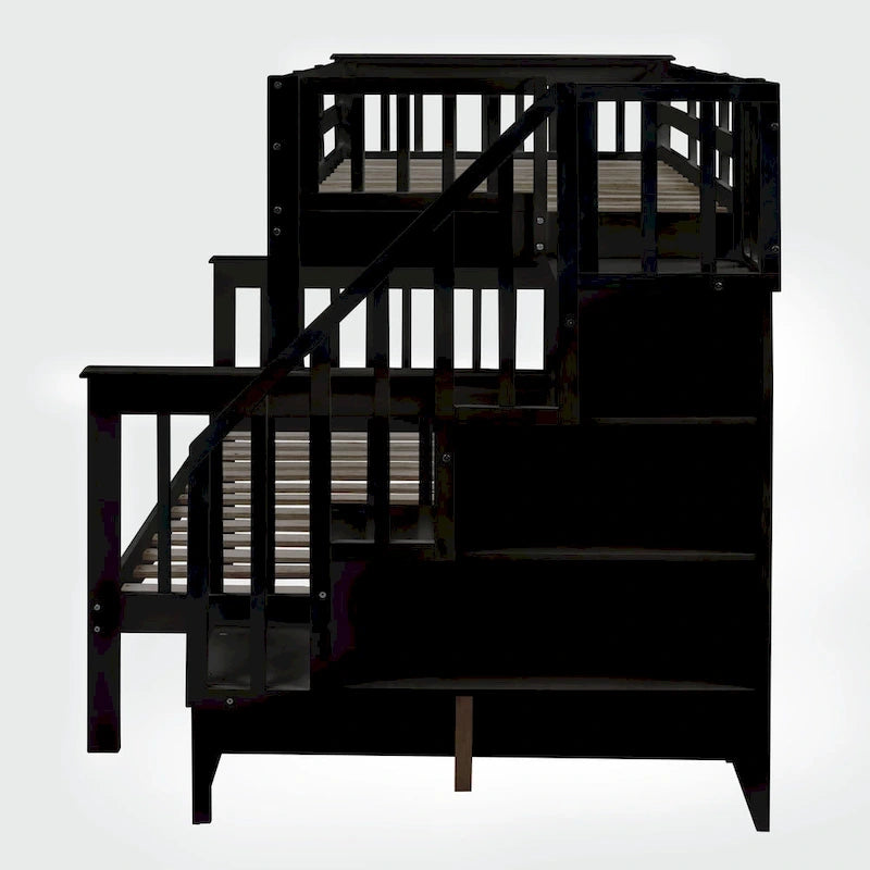 Twin-Over-Full Bunk Bed with Twin size Trundle, Storage and Guard Rail for Bedroom, Dorm, for Adults, White