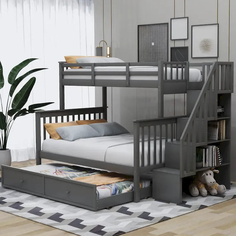 Twin-Over-Full Bunk Bed with Twin size Trundle, Storage and Guard Rail for Bedroom, Dorm, for Adults, White