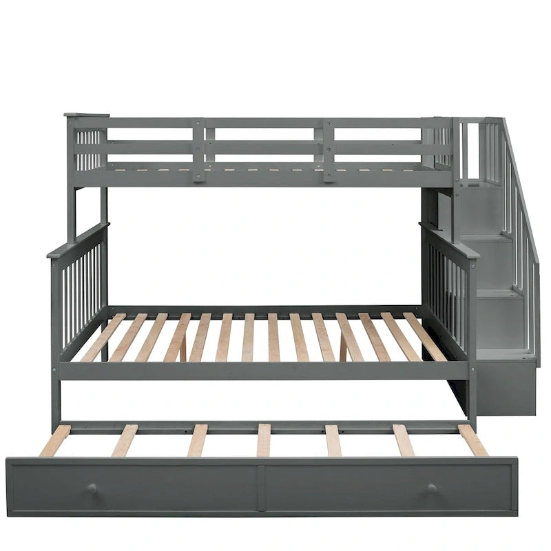 Twin-Over-Full Bunk Bed with Twin size Trundle, Storage and Guard Rail for Bedroom, Dorm, for Adults, White