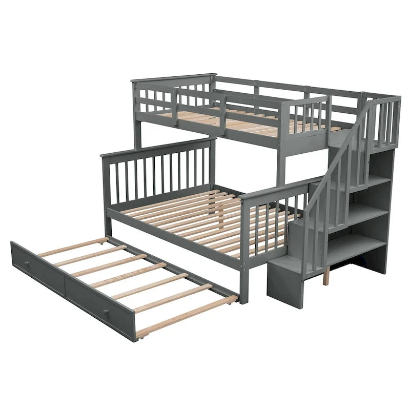 Twin-Over-Full Bunk Bed with Twin size Trundle, Storage and Guard Rail for Bedroom, Dorm, for Adults, White